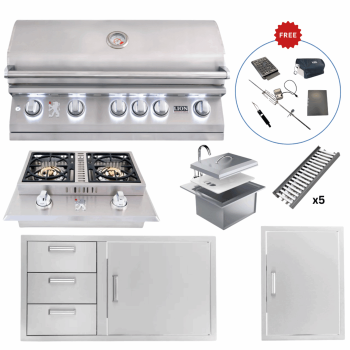 Lion Outdoor Kitchen Lux Package – L90000 Grill, Double Side Burner, Sink, 39" Combo & Vertical Door w Ceramic Tube Trays and (FREE Gourmet Package) - Image 1