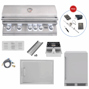 Lion Outdoor Kitchen Lux Package – L90000 Grill, Side Burner, Beverage Cooler, Access Door & Flame Tray Upgrade w/ (FREE Gourmet Package)