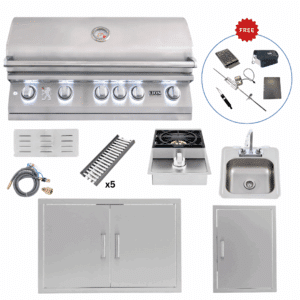 Lion Outdoor Kitchen Lux Package – L90000 Grill, Side Burner, Bar Sink, Access Doors & Flame Tray Upgrade w/ (FREE Gourmet Package)