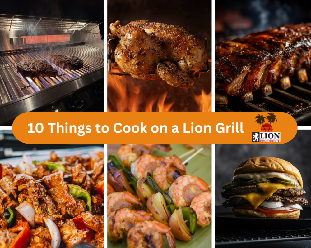 Things to cook on a gas grill: ribeye, rotisserie chicken, ribs, fajitas, shrimp skewers, and smash burgers on a Lion grill