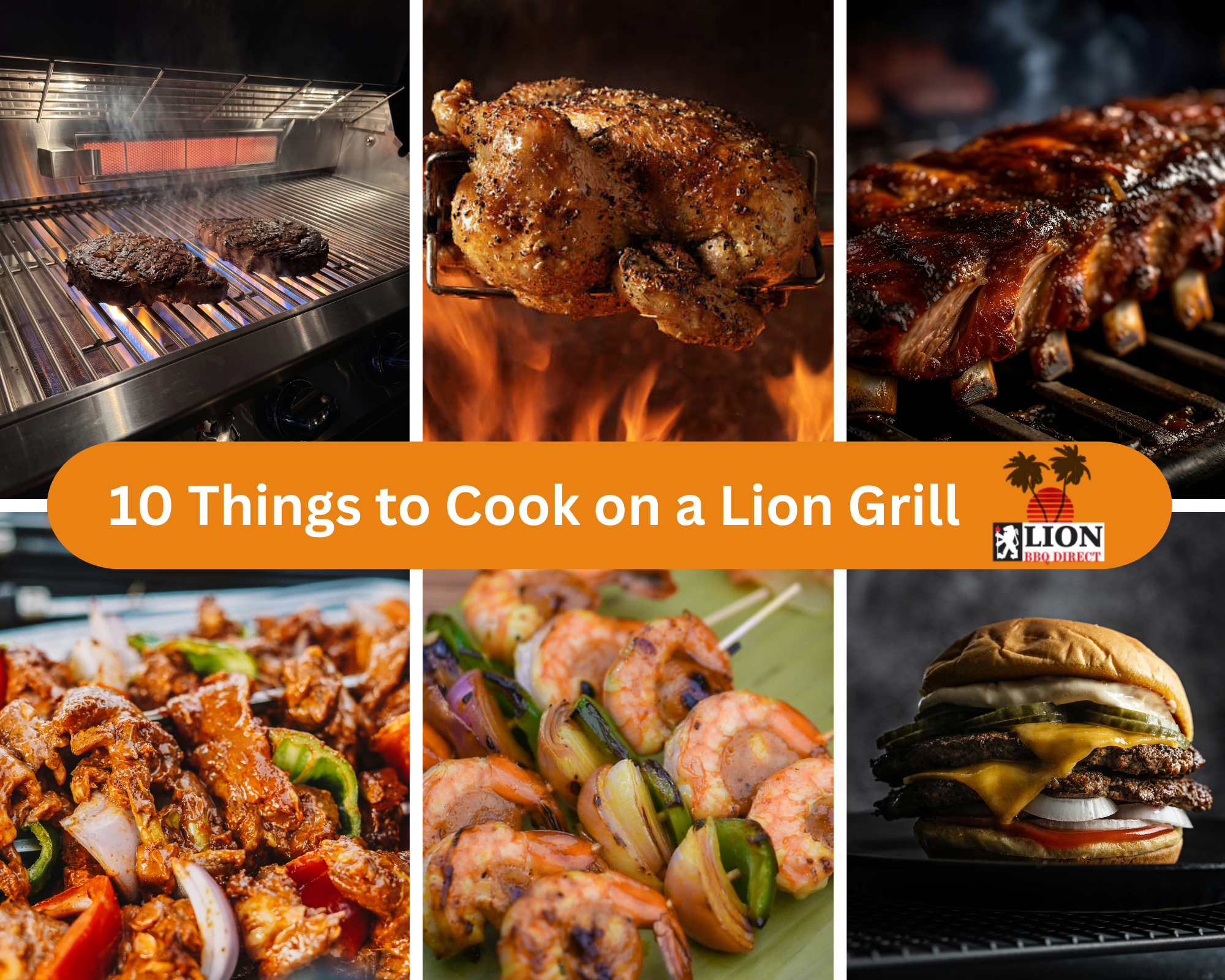 Things to cook on a gas grill: ribeye, rotisserie chicken, ribs, fajitas, shrimp skewers, and smash burgers on a Lion grill