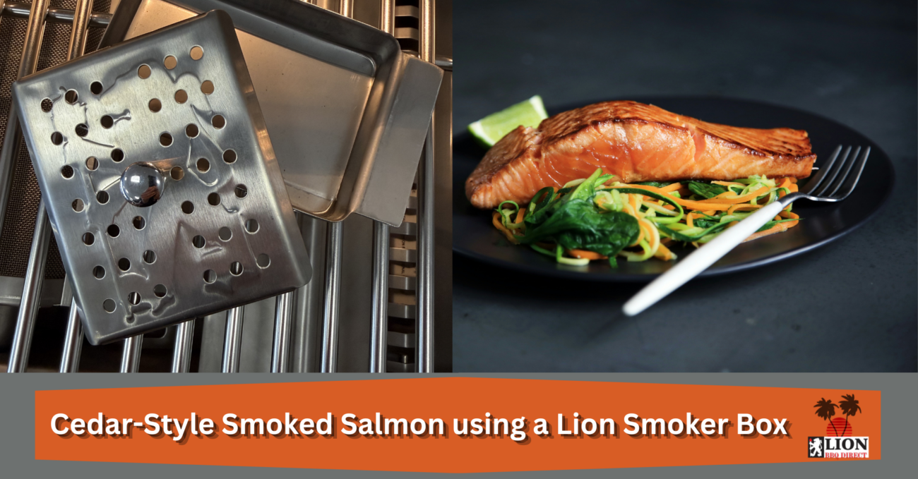 Smoked salmon on a gas grill: cedar-style salmon fillet alongside a Lion stainless steel smoker box with wood chips