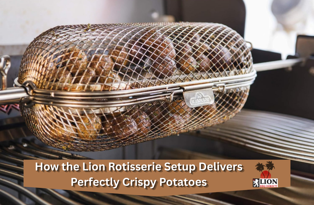 Small seasoned rotisserie basket potatoes tumbling evenly over the grates of a high-end grill setup