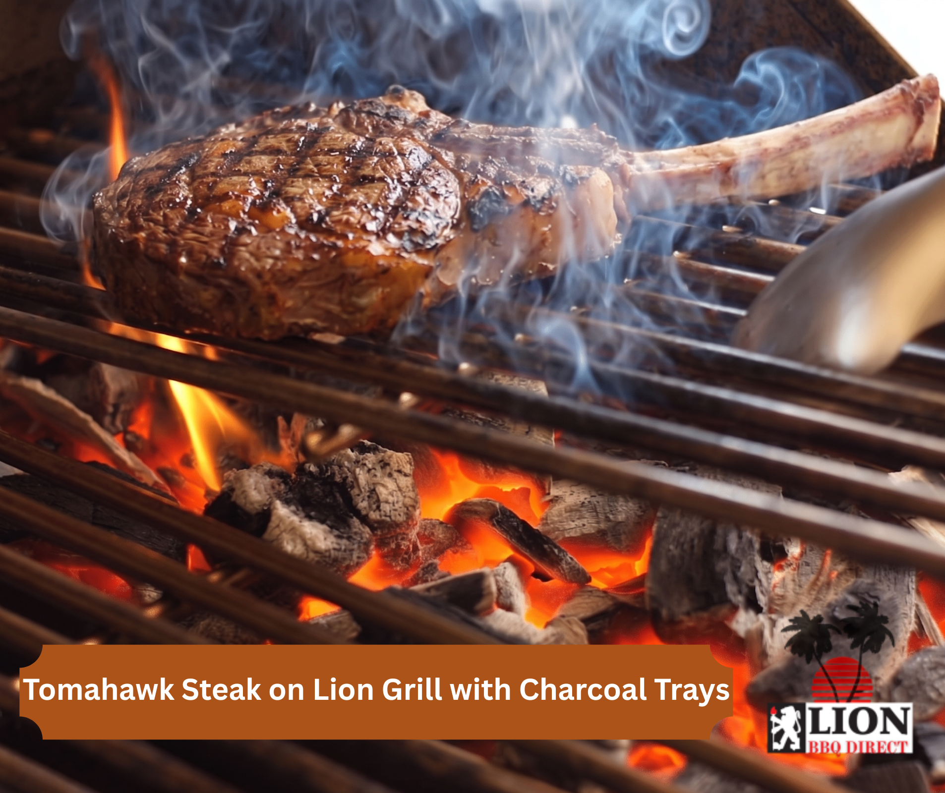 A massive tomahawk steak on gas grill grates roasting over glowing coals inside a premium Lion charcoal tray upgrade