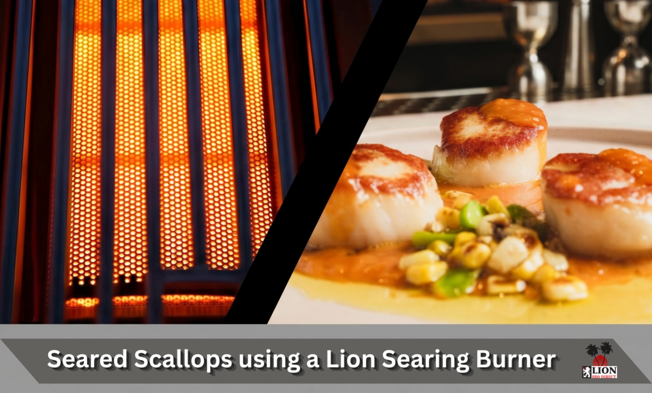 Seared scallops on a grill with a golden crust using the Lion infrared searing burner