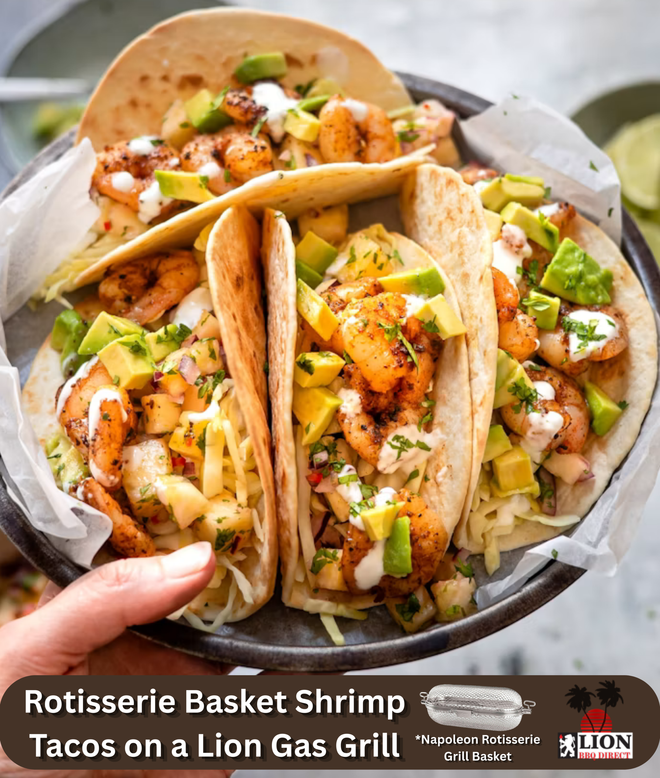 Rotisserie basket shrimp tacos on a Lion gas grill with cabbage slaw and lime served alongside the Napoleon rotisserie grill basket