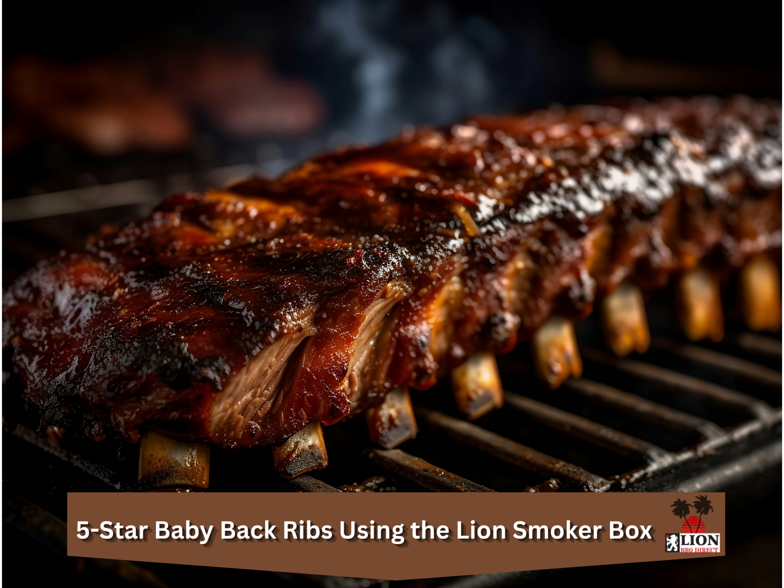 Lion BBQ Direct Juicy barbecued baby back ribs glistening with glaze on a grill to showcase the ribs on gas grill cooking results