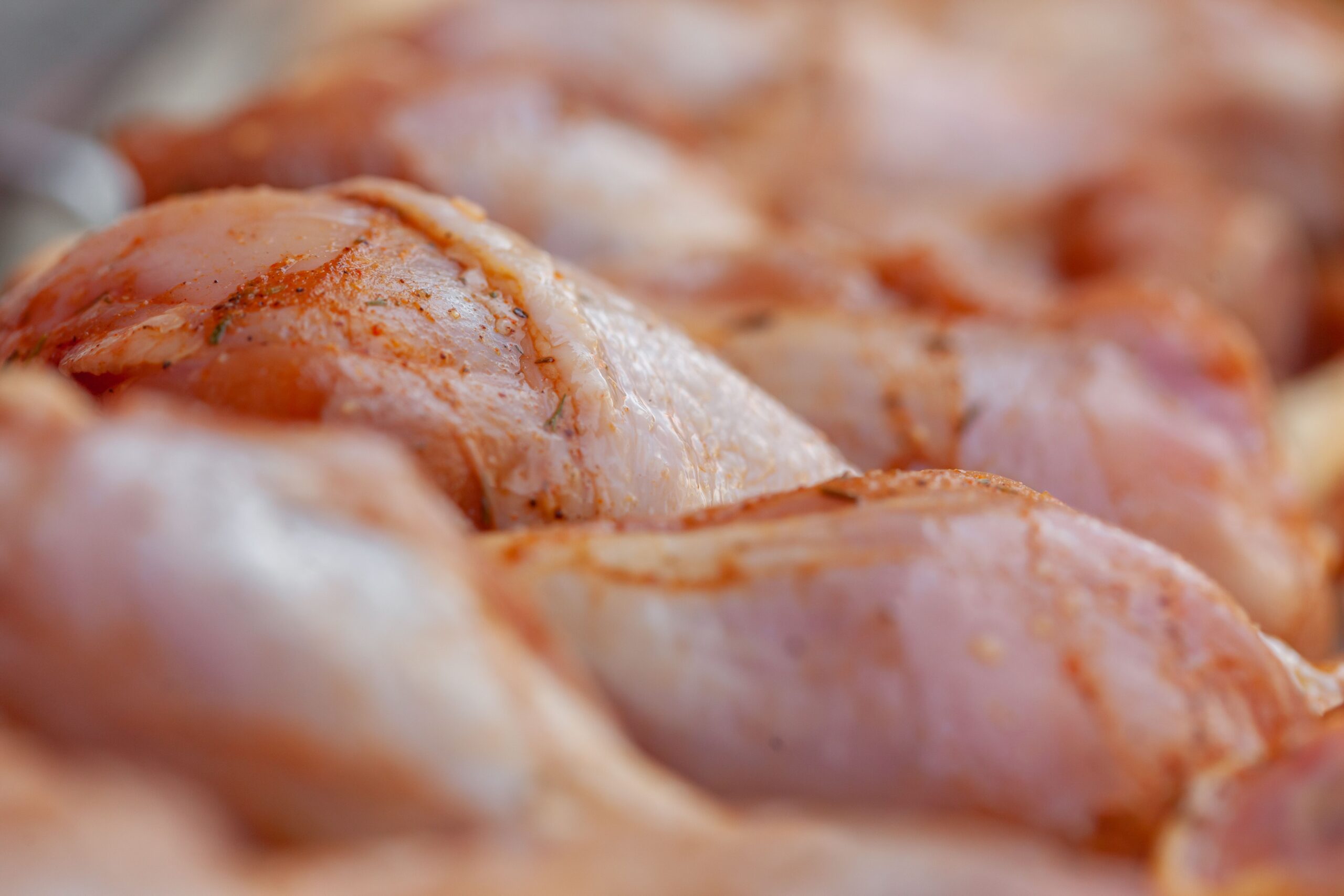 Raw chicken wings seasoned with dry rub ready to smoke on a Lion gas grill