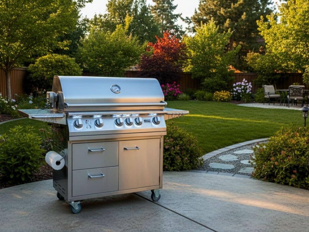Lion L90000 freestanding gas grill used for rotisserie prime rib on a gas grill