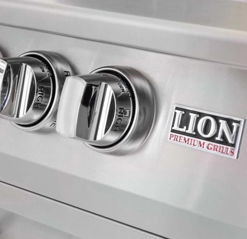 Close-up of premium commercial-grade front burner control knobs on a Lion L90000 gas grill