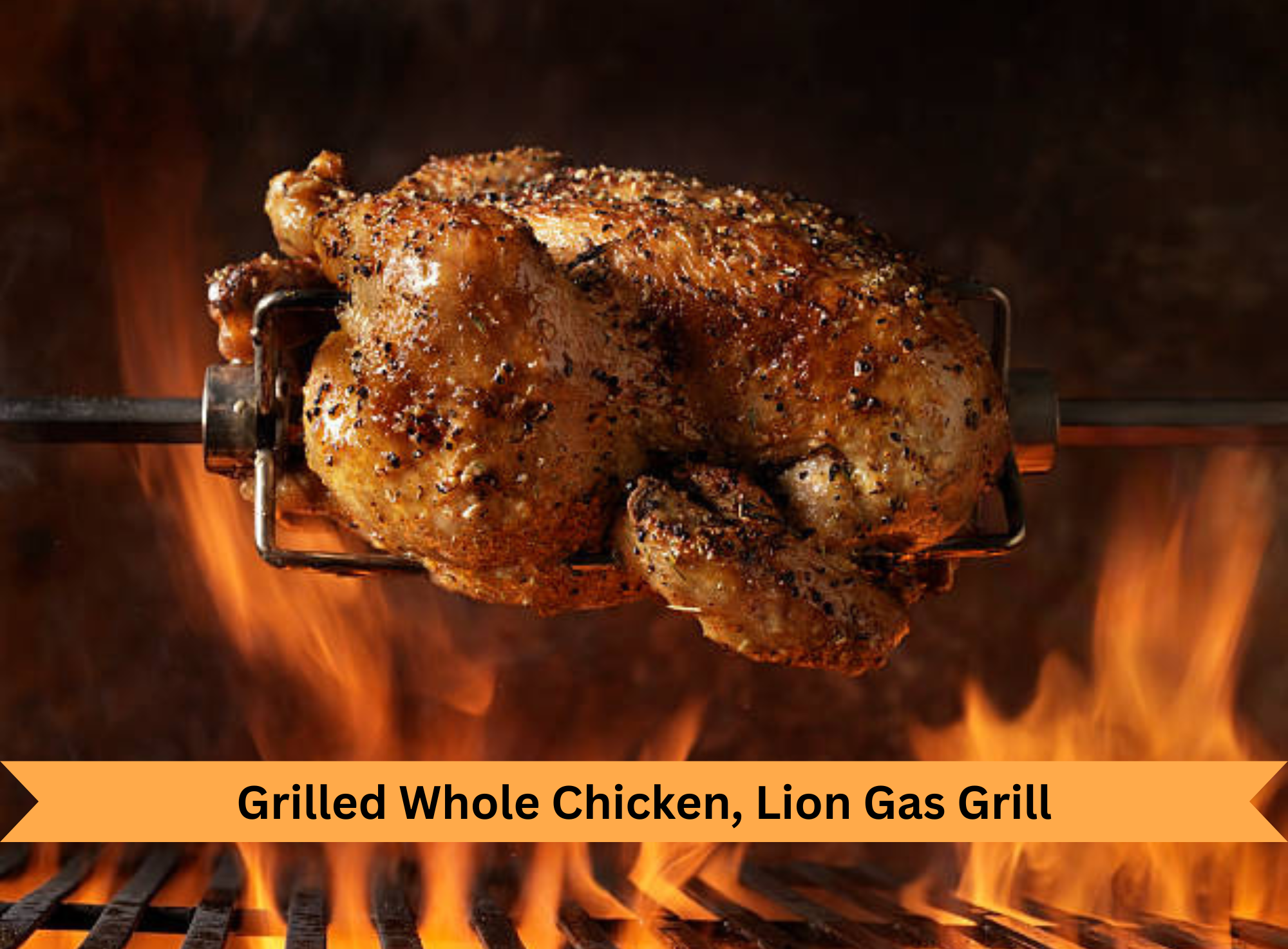 Grilled whole chicken on a gas grill turning on a rotisserie spit over open flames