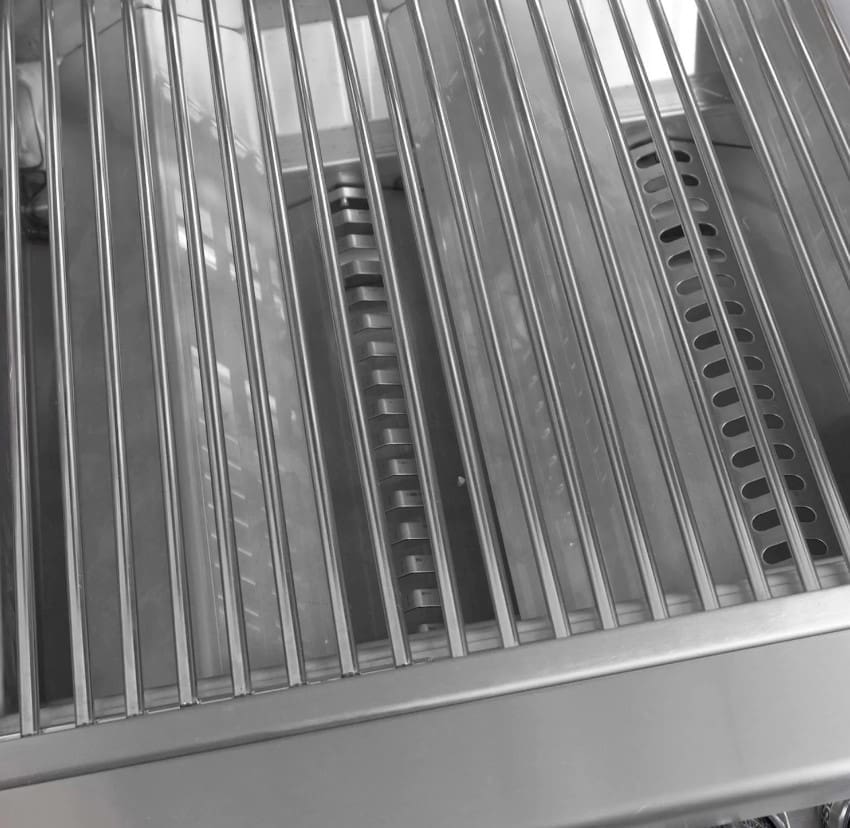 Thick stainless steel commercial cooking grates on a Lion Premium Grill