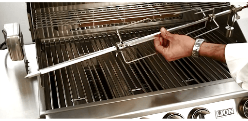 Lion Premium Grills rotisserie kit with spit rod, forks, and motor
