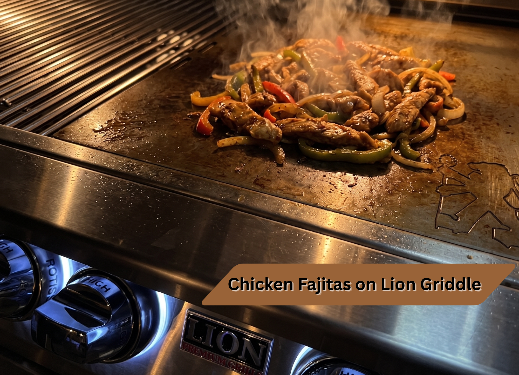 Chicken fajitas on a griddle: seasoned chicken, peppers, and onions sizzling on the included Lion Premium Grill griddle plate