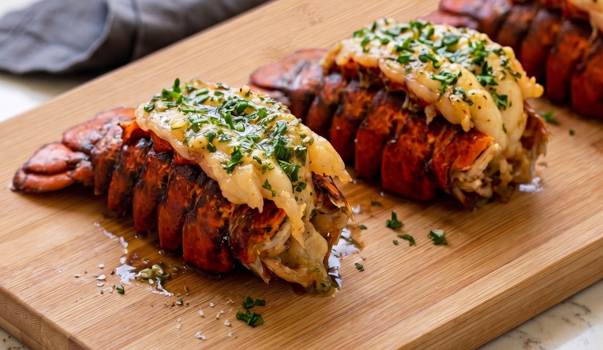 Finished garlic butter grilled lobster tails on a wooden cutting board from a Lion Premium Grill seafood grill recipe