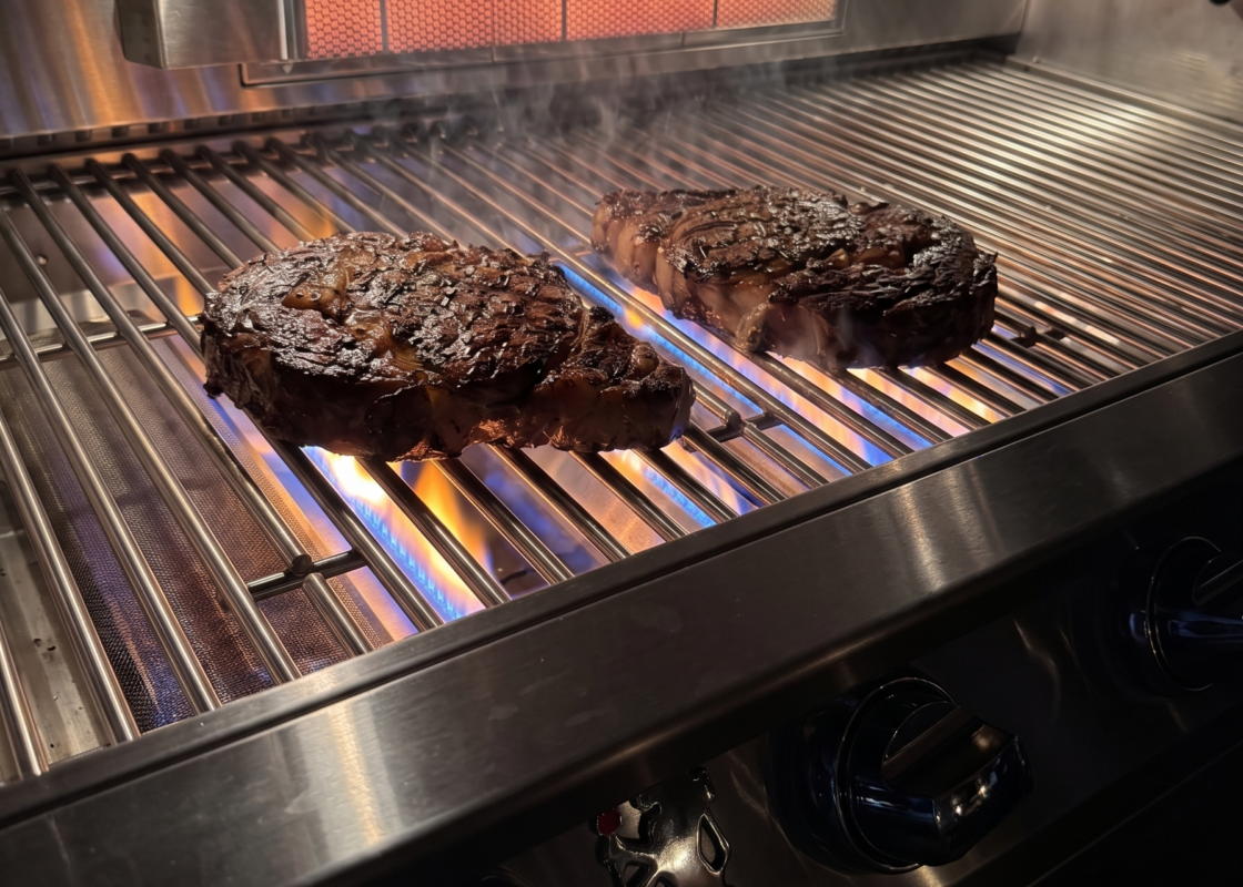 Grilled ribeye steak searing on a Lion L90000 gas grill