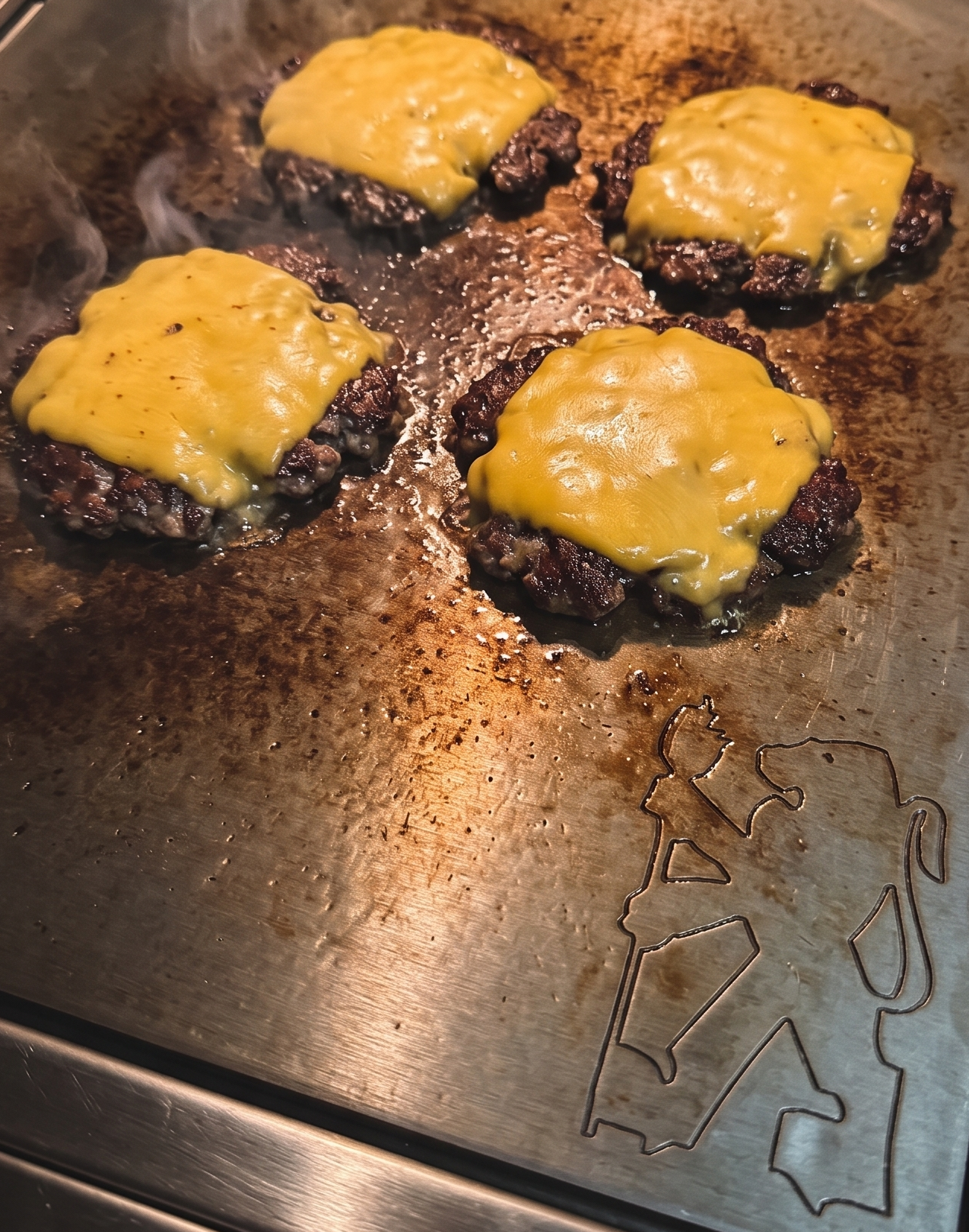 Four cheddar cheese smash burgers on griddle plate surface inside a stainless steel Lion Premium Grill with rising smoke