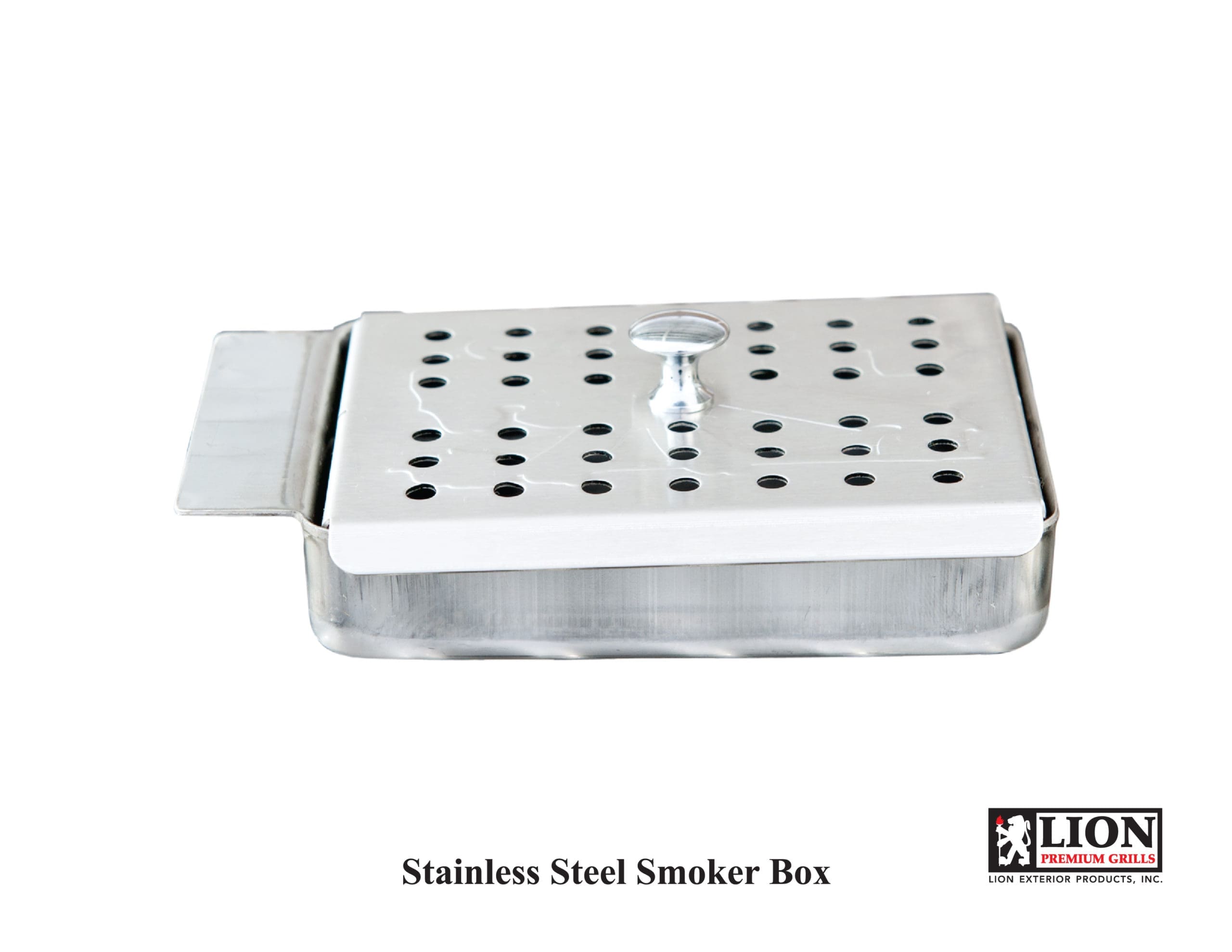 Lion stainless steel smoker box filled with wood chips for smoked chicken wings on a gas grill