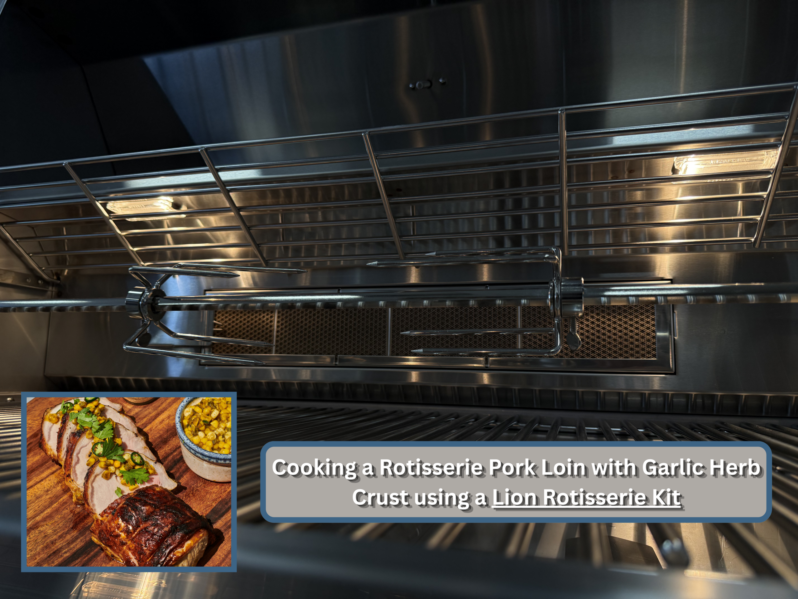 Rotisserie pork loin with garlic herb crust spinning on a Lion Premium Grill rotisserie kit and spit rod