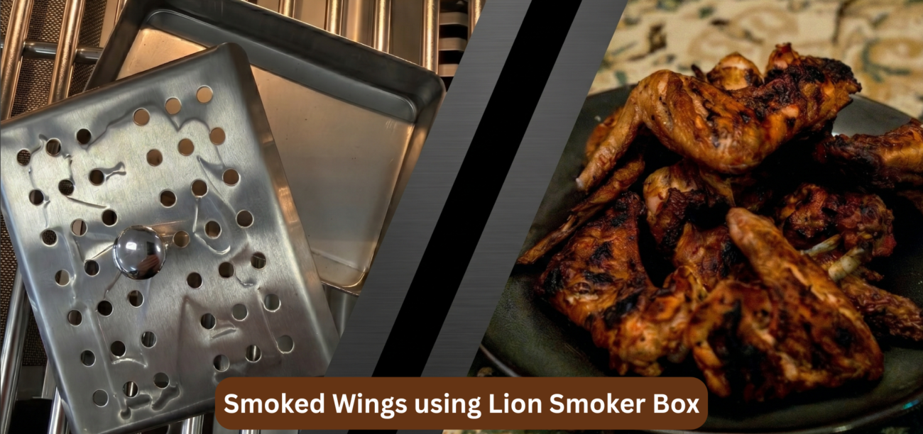 Smoked chicken wings on a gas grill using the Lion smoker box: crispy wings plated alongside the included Lion stainless steel smoker box